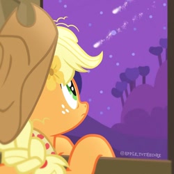 Size: 1080x1080 | Tagged: safe, artist:apple.tothecore, applejack, earth pony, pony, g4, alternate hairstyle, applejack's hat, bags under eyes, barn, blurry, braid, clothes, cowboy hat, eye wrinkles, female, flower, flower in hair, freckles, frown, granny smith's shawl, grass, hair tie, hat, mare, mountain, night, scarf, shooting star, show accurate, sky, solo, stars, sweet apple acres, sweet apple acres barn, tree, watching