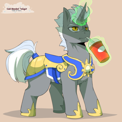 Size: 1200x1200 | Tagged: safe, artist:cold-blooded-twilight, oc, oc only, oc:scope, pony, unicorn, armor, aura, colored, custom armor, drink, magic, male, royal guard, sipping, smoothie, stallion, straw in mouth, telekinesis