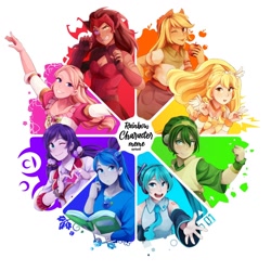 Size: 1280x1280 | Tagged: safe, artist:applesartt, applejack, human, equestria girls, g4, :p, anime, apple, avatar the last airbender, barbie, blueberry muffin (strawberry shortcake), book, catra, color wheel, color wheel challenge, cowboy hat, cure peace, female, food, hat, hatsune miku, heart hands, looking at you, love live!, nozomi tojo, one eye closed, precure, reading, she-ra and the princesses of power, smile precure, strawberry shortcake, tongue out, toph bei fong, vocaloid, wink