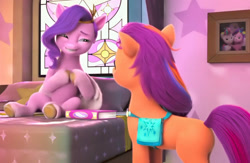 Size: 1889x1233 | Tagged: safe, screencap, pipp petals, sunny starscout, zipp storm, earth pony, pegasus, pony, a little horse, g5, my little pony: make your mark, my little pony: make your mark chapter 4, spoiler:g5, back of head, bag, bedroom, book, crystal brighthouse, curtains, female, filly, filly pipp petals, filly zipp storm, mane stripe sunny, mare, picture frame, saddle bag, sick, smiling, stained glass, younger