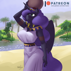 Size: 900x900 | Tagged: safe, artist:kevinsano, princess luna, alicorn, anthro, g4, ancient egypt, big breasts, breasts, busty princess luna, clothes, dress, egyptian, egyptian pony, female, huge breasts, patreon, patreon logo, smiling, solo