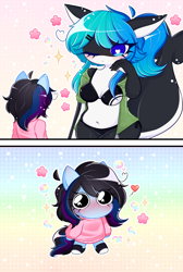 Size: 1820x2704 | Tagged: safe, artist:arwencuack, oc, oc only, oc:aqua marine, oc:maple cake, earth pony, anthro, belly button, bra, breasts, clothes, comic, commission, female, heart, heart eyes, meme, underwear, wingding eyes