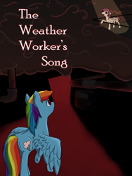 Size: 768x1024 | Tagged: safe, artist:silent whisper, rainbow dash, pegasus, pony, fanfic:rainbow factory, fanfic:the weather worker's song, g4, cloud, fanfic, fanfic art, fanfic cover, railing, rainbow factory dash, spotlight, text