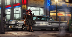 Size: 3010x1550 | Tagged: safe, artist:king-kakapo, oc, oc only, oc:flechette, changeling, moth, mothling, original species, anthro, plantigrade anthro, 1950s, breasts, car, city, cleavage, clothes, dress, female, high heels, horn, pontiac, pontiac bonneville, red changeling, shoes, smoking, solo, wings