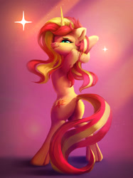 Size: 1994x2659 | Tagged: safe, alternate version, artist:itssim, sunset shimmer, pony, unicorn, g4, butt, female, high res, looking at you, looking back, looking back at you, mare, plot, rear view, smiling, solo, standing on two hooves
