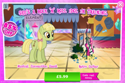 Size: 1960x1301 | Tagged: safe, gameloft, idw, earth pony, pony, g4, my little pony: magic princess, official, advertisement, bow, bush, costs real money, english, female, guitar, hair bow, idw showified, introduction card, mare, mobile game, musical instrument, numbers, sale, solo, text, unnamed character, unnamed pony