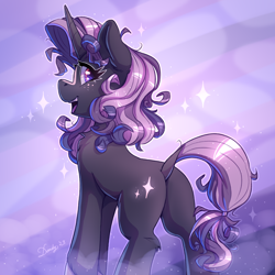 Size: 2480x2480 | Tagged: safe, artist:dandy, oc, oc only, oc:velvet chaser, pony, unicorn, abstract background, artfight, chest fluff, female, high res, horn, looking at you, looking back, looking back at you, open mouth, open smile, smiling, solo, sparkles, unicorn oc
