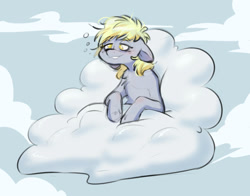 Size: 1280x1001 | Tagged: safe, artist:chub-wub, derpy hooves, pegasus, pony, g4, cloud, cute, derpabetes, female, grin, mare, messy mane, morning ponies, sky, smiling, solo, tired