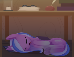 Size: 2388x1836 | Tagged: safe, artist:dusthiel, oc, oc only, pony, unicorn, book, candle, female, glasses, inkwell, mare, quill, sleeping, solo, table