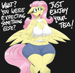 Size: 5200x5100 | Tagged: safe, artist:flutterthrash, fluttershy, pegasus, anthro, g4, black background, breasts, busty fluttershy, cleavage, clothes, cup, dialogue, female, floppy ears, food, mare, midriff, open mouth, plate, shorts, simple background, solo, spread wings, tail, tank top, tea, teacup, top, wide hips, wings