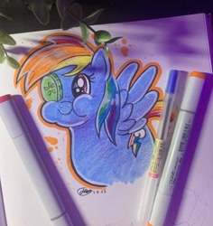 Size: 968x1024 | Tagged: safe, artist:flutterpawss, rainbow dash, pegasus, pony, g4, my little pony: friendship is magic, ponyville confidential, cucumber, cute, dashabetes, female, food, mare, puffy cheeks, scene interpretation, smiling, solo, spread wings, traditional art, wings