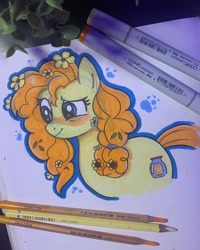 Size: 1440x1800 | Tagged: safe, artist:flutterpawss, pear butter, earth pony, pony, g4, blushing, copic, cute, female, flower, flower in hair, mare, marker drawing, outline, smiling, solo, traditional art