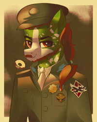 Size: 2400x3000 | Tagged: safe, artist:poxy_boxy, oc, oc:well geboren, dog pony, earth pony, original species, pony, beard, clothes, equestria medal of honor, facial hair, high res, major wings, medals, old art, ponytail, shoulder patch, uniform, war thunder, wingman award