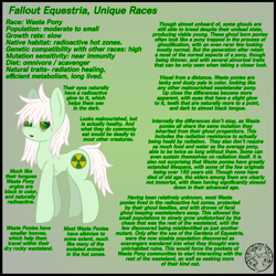 Size: 4000x4000 | Tagged: safe, artist:dice-warwick, oc, oc only, original species, pony, waste pony, fallout equestria, concave belly, green eyes, looking at you, messy mane, radiation, radioactive, ribs, skinny, solo, standing, text, thin