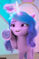 Size: 559x854 | Tagged: safe, screencap, izzy moonbow, pony, unicorn, a little horse, g5, my little pony: make your mark, my little pony: make your mark chapter 4, spoiler:g5, spoiler:my little pony: make your mark, spoiler:my little pony: make your mark chapter 4, spoiler:mymc04e06, cropped, cup, cute, female, glowing, glowing horn, horn, izzybetes, levitation, magic, magic aura, mare, open mouth, open smile, smiling, solo, teacup, telekinesis