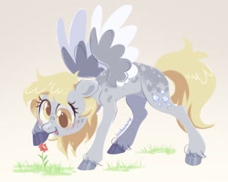 Size: 2048x1638 | Tagged: safe, artist:bishopony, derpy hooves, pegasus, pony, g4, blushing, colored hooves, colored pupils, cute, derpabetes, flower, freckles, grass, raised hoof, smiling, solo, unshorn fetlocks, weapons-grade cute