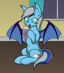 Size: 2200x2500 | Tagged: safe, artist:lone wolf, oc, oc:star mapleglow, bat pony, pony, belly button, drink, fangs, grimace shake, high res, mcdonald's, meme, milkshake, open mouth, photo, solo, spread wings, wings