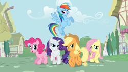 Size: 1920x1080 | Tagged: safe, screencap, applejack, fluttershy, pinkie pie, rainbow dash, rarity, earth pony, pegasus, pony, unicorn, g4, applejack's hat, cloud, cowboy hat, crossed hooves, eyeshadow, female, flying, folded wings, freckles, group, hat, horn, house, lidded eyes, looking at you, makeup, mare, open mouth, open smile, opening, opening theme, outdoors, ponyville, raised hoof, remane five, smiling, smiling at you, spread wings, tail, theme song, tree, wings