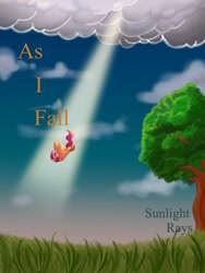 Size: 768x1024 | Tagged: safe, artist:sunlight rays, scootaloo, pegasus, pony, fanfic:as i fall, fanfic:pegasus device, fanfic:rainbow factory, g4, absentia, abstract background, cloud, crepuscular rays, falling, fanfic art, female, grass, solo, text, tree