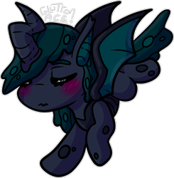 Size: 1361x1391 | Tagged: safe, artist:sexygoatgod, oc, oc only, oc:midge, changeling, hybrid, blushing, chibi, female, simple background, solo, transparent background