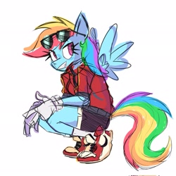 Size: 2048x2048 | Tagged: safe, artist:tysobro, rainbow dash, pegasus, anthro, plantigrade anthro, g4, clothes, female, gloves, high res, jordans, shirt, shoes, shorts, simple background, sketch, solo, sunglasses, white background