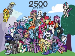 Size: 2048x1520 | Tagged: safe, artist:ewoudcponies, aloe, apple bloom, applejack, berry punch, berryshine, cloudchaser, coco pommel, derpy hooves, flitter, fluttershy, gabby, hitch trailblazer, izzy moonbow, limestone pie, marble pie, maud pie, octavia melody, pinkie pie, pipp petals, princess celestia, princess luna, queen chrysalis, rainbow dash, rarity, roseluck, sparky sparkeroni, spike, spitfire, starlight glimmer, trixie, twilight sparkle, zipp storm, oc, alicorn, changeling, changeling queen, dragon, earth pony, griffon, human, pegasus, pony, shark, unicorn, g4, g5, baby, baby dragon, clothes, cloud, cookie, female, filly, foal, food, gun, hoof hold, male, mane seven, mane six, mare, mountain, pie sisters, siblings, sisters, stallion, text, tree, twilight sparkle (alicorn), weapon