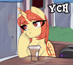 Size: 3000x2688 | Tagged: safe, artist:nika-rain, oc, alicorn, pony, advertisement, any gender, any race, any species, coffee, coffee cup, commission, cup, cute, female, high res, rain, sketch, solo, window, ych sketch, your character here