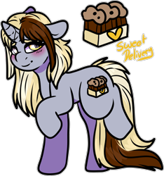 Size: 1628x1741 | Tagged: safe, artist:sexygoatgod, derpy hooves, oc, oc only, oc:sweet delivery, pony, unicorn, g4, adoptable, alternate universe, blushing, female, race swap, simple background, solo, transparent background