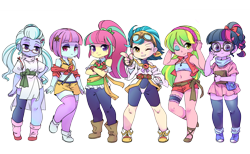 Size: 2000x1230 | Tagged: safe, artist:shepherd0821, indigo zap, lemon zest, sci-twi, sour sweet, sugarcoat, sunny flare, twilight sparkle, human, equestria girls, g4, anime crossover, belly button, bulma, clothes, cosplay, costume, cowboy bebop, crossed arms, dragon ball, ear piercing, earring, faye valentine, female, glasses, goggles, group, hand on hip, headphones, jewelry, lime (saber marionette), looking at you, midriff, one eye closed, pants, piercing, saber marionette, sextet, shadow five, shadow six, shorts, simple background, smiling, smiling at you, socks, thigh highs, thigh socks, transparent background, wink, winking at you