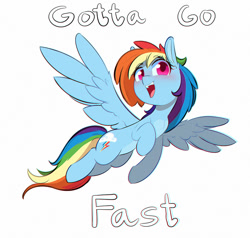 Size: 1000x952 | Tagged: safe, artist:inkypuso, rainbow dash, pegasus, pony, g4, countershading, cute, dashabetes, female, flying, gotta go fast, i am speed, looking at you, mare, open mouth, open smile, simple background, smiling, smiling at you, solo, spread wings, text, white background, wings