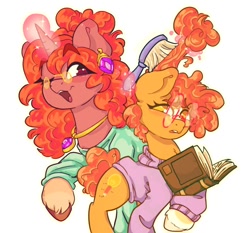 Size: 680x634 | Tagged: safe, artist:zer0wlet, oc, oc only, oc:mrs. splotch, oc:whizz worm, earth pony, pony, unicorn, book, brush, brushing mane, clothes, curly mane, curly tail, daughter, ear piercing, earring, eyelashes, female, glasses, hairbrush, jewelry, magic, magic aura, mare, mother, mother and child, mother and daughter, necklace, piercing, round glasses, simple background, sweater, tail, white background