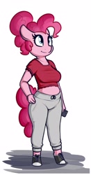 Size: 1663x3184 | Tagged: safe, artist:andelai, pinkie pie, earth pony, anthro, unguligrade anthro, g4, bare midriff, breasts, busty pinkie pie, cellphone, clothes, female, hand on hip, high res, pants, phone, plump, simple background, solo, sweatpants, white background