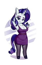 Size: 791x1200 | Tagged: safe, artist:andelai, rarity, unicorn, anthro, unguligrade anthro, g4, breasts, busty rarity, cleavage, clothes, dress, ear piercing, female, hair twirl, looking at you, piercing, plump, simple background, smiling, smiling at you, solo, white background