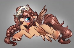 Size: 3623x2356 | Tagged: safe, artist:opalacorn, oc, oc:ondrea, pegasus, pony, female, floppy ears, gradient background, high res, lying down, mare, open mouth, open smile, prone, smiling, solo, sploot, unshorn fetlocks