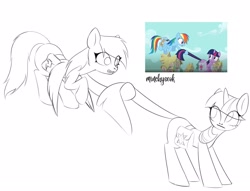 Size: 2048x1563 | Tagged: safe, artist:02vxmp, rainbow dash, twilight sparkle, pegasus, pony, unicorn, g4, games ponies play, bag, flying, saddle bag, scene interpretation, simple background, sketch, tail, tail pull, unicorn twilight, white background