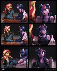 Size: 5184x6480 | Tagged: safe, artist:imafutureguitarhero, sci-twi, sunset shimmer, twilight sparkle, alicorn, classical unicorn, unicorn, anthro, unguligrade anthro, comic:role reversal, series:twilight's sexual deviancy, g4, 3d, 6 panel comic, absurd resolution, alicornified, arm fluff, arm freckles, belt, blushing, boots, cheek fluff, chest fluff, chest freckles, chromatic aberration, clothes, cloven hooves, collar, colored eyebrows, colored eyelashes, colored wings, comic, conversation, cute, denim, dialogue, dominant pov, domset, duo, duo female, ear fluff, ear freckles, evening gloves, female, femdom, femsub, film grain, fingerless elbow gloves, fingerless gloves, floppy ears, fluffy, fluffy hair, fluffy mane, fluffy tail, freckles, fur, glasses, glasses off, gloves, grin, head tilt, hoof boots, hoof fluff, horn, jacket, jeans, leash, leather, leather boots, leather gloves, leather jacket, leonine tail, long gloves, long hair, long mane, looking at each other, looking at someone, looking at something, multicolored hair, multicolored mane, multicolored tail, neck fluff, nose wrinkle, offscreen character, one ear down, open mouth, paintover, pants, peppered bacon, pov, race swap, revamped anthros, revamped ponies, role reversal, sci-twilicorn, shirt, shoes, shorts, shoulder fluff, shoulder freckles, signature, sitting on floor, smiling, socks, source filmmaker, stage.bsp, stockings, striped gloves, striped socks, striped stockings, subdorable, submissive, subtitles, surprised, tail, tail fluff, talking, tank top, text, thigh highs, twiabetes, twilight sparkle (alicorn), twisub, two toned wings, unshorn fetlocks, wall of tags, wing fluff, wing freckles, wings, worried