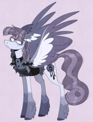 Size: 1280x1673 | Tagged: safe, artist:wanderingpegasus, inky rose, bat, pegasus, pony, g4, bracelet, braid, braided pigtails, colored hooves, colored wings, female, flying, freckles, goth, jewelry, lavender background, looking back, mare, pigtails, simple background, solo, unshorn fetlocks, wings