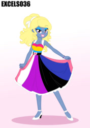 Size: 661x935 | Tagged: safe, artist:excelso36, oc, oc:azure/sapphire, human, equestria girls, g4, crossdressing, equestria girls-ified, femboy, genderfluid, genderfluid pride flag, makeup, male, pansexual, pansexual pride flag, pride, pride dress, pride flag