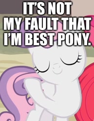 Size: 552x714 | Tagged: safe, edit, edited screencap, screencap, sweetie belle, pony, unicorn, g4, best pony, caption, cute, eyes closed, female, filly, foal, image macro, text