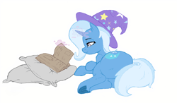 Size: 4096x2394 | Tagged: safe, artist:dundundun, color edit, edit, trixie, pony, unicorn, g4, butt, colored, female, hat, horn, lying down, magic, mare, on side, plot, reading, simple background, solo, underhoof, white background