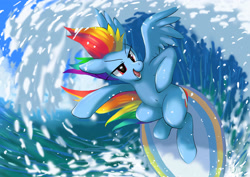 Size: 3508x2480 | Tagged: safe, artist:neoshrek, rainbow dash, pegasus, pony, g4, awesome, digital art, female, flowing mane, flowing tail, high res, mare, ocean, open mouth, open smile, smiling, solo, spread wings, surfing, tail, water, wings