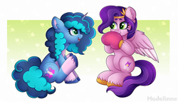 Size: 6300x3593 | Tagged: safe, artist:madelinne, misty brightdawn, pipp petals, pegasus, pony, unicorn, g5, absurd resolution, adorapipp, balloon, blowing up balloons, commissioner:puffydearlysmith, cute, duo, duo female, female, happy, heart, heart balloon, inflating, jewelry, lesbian, mare, mistybetes, mistypetals, open mouth, open smile, puffy cheeks, shipping, sitting, smiling, tiara, unshorn fetlocks