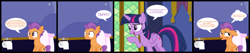 Size: 2886x615 | Tagged: safe, artist:lunaticdawn, tender taps, twilight sparkle, alicorn, earth pony, pony, g4, bathroom, blushing, but why, colt, comic, door, female, foal, implied pooping, male, mare, sitting, sitting on toilet, smiling, speech bubble, text, thought bubble, toilet, toilet paper, twilight sparkle (alicorn), twilight's castle
