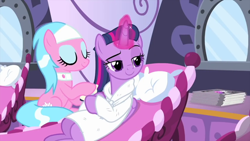 Size: 854x480 | Tagged: safe, screencap, aloe, twilight sparkle, alicorn, earth pony, pony, g4, interseason shorts, rarity's biggest fan, bedroom eyes, duo, magic, magic aura, spa robe, twilight sparkle (alicorn)