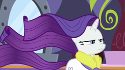 Size: 854x480 | Tagged: safe, screencap, rarity, pony, unicorn, g4, interseason shorts, rarity's biggest fan, frown, lidded eyes, solo, spa robe, tail, windswept hair, windswept mane, windswept tail
