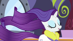 Size: 854x480 | Tagged: safe, screencap, rarity, pony, unicorn, g4, interseason shorts, rarity's biggest fan, eyes closed, long hair, long mane, long tail, solo, tail, windswept hair, windswept mane, windswept tail