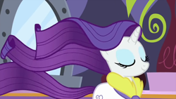 Size: 854x480 | Tagged: safe, screencap, rarity, pony, unicorn, g4, interseason shorts, rarity's biggest fan, eyes closed, female, long hair, long mane, long tail, purple hair, solo, spa robe, tail, windswept hair, windswept mane, windswept tail