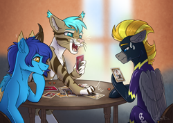 Size: 3111x2199 | Tagged: safe, artist:helmie-art, oc, oc:blaze (shadowbolt), oc:helmie, cat, pony, card game, clothes, costume, emanata, furry, furry oc, german, high res, love letter (game), non-mlp oc, open mouth, open smile, shadowbolts costume, shadowbolts uniform, smiling, sweat, sweatdrops