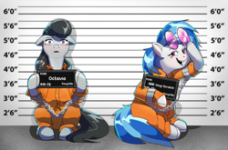 Size: 3252x2144 | Tagged: safe, artist:applephil, dj pon-3, octavia melody, vinyl scratch, earth pony, pony, unicorn, g4, barbie, barbie (film), barbie mugshot meme, chains, clothes, duo, female, floppy ears, high res, jumpsuit, looking at you, mare, meme, mugshot, open mouth, open smile, prison outfit, prisoner octavia, prisoner vinyl, shackles, simple background, smiling, smiling at you, sunglasses, sunglasses on head