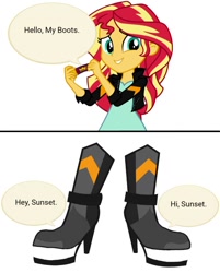 Size: 1200x1495 | Tagged: safe, artist:conorlordofcreation, sunset shimmer, human, equestria girls, g4, magic shoes, simple background, talking shoes, wat, white background